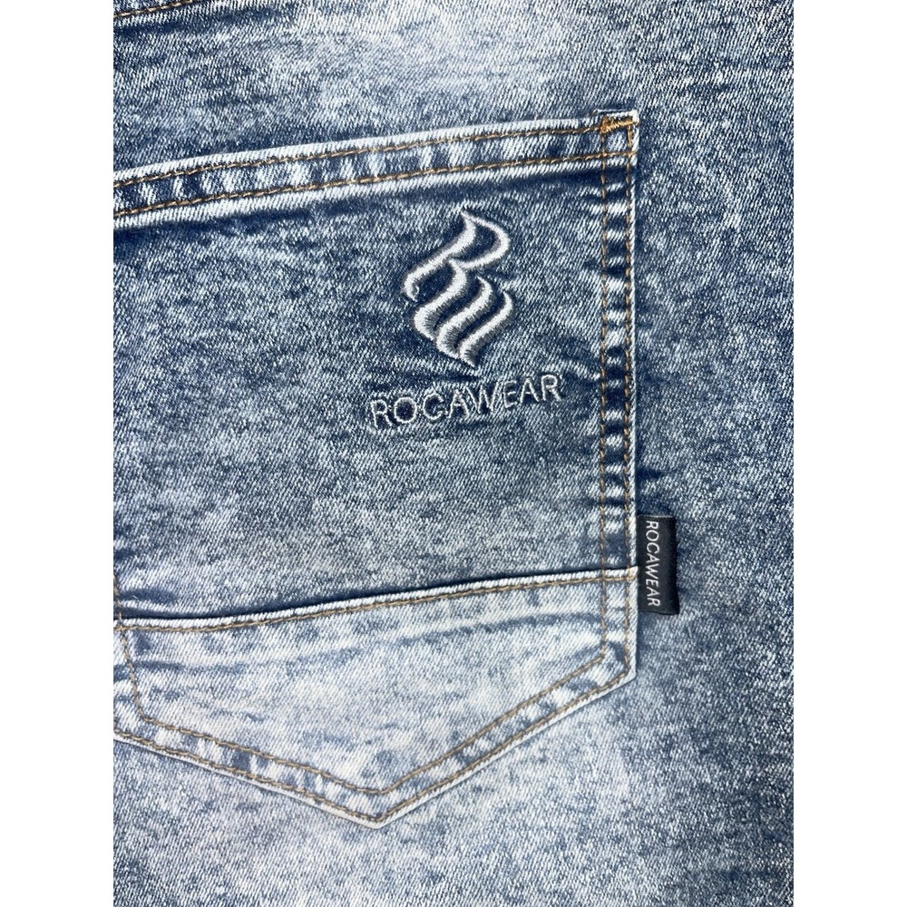 Rocawear Moto Stretch Jean Shorts Hip Hop Blue Acid Wash Mens 42 NWT - Picture 9 of 9